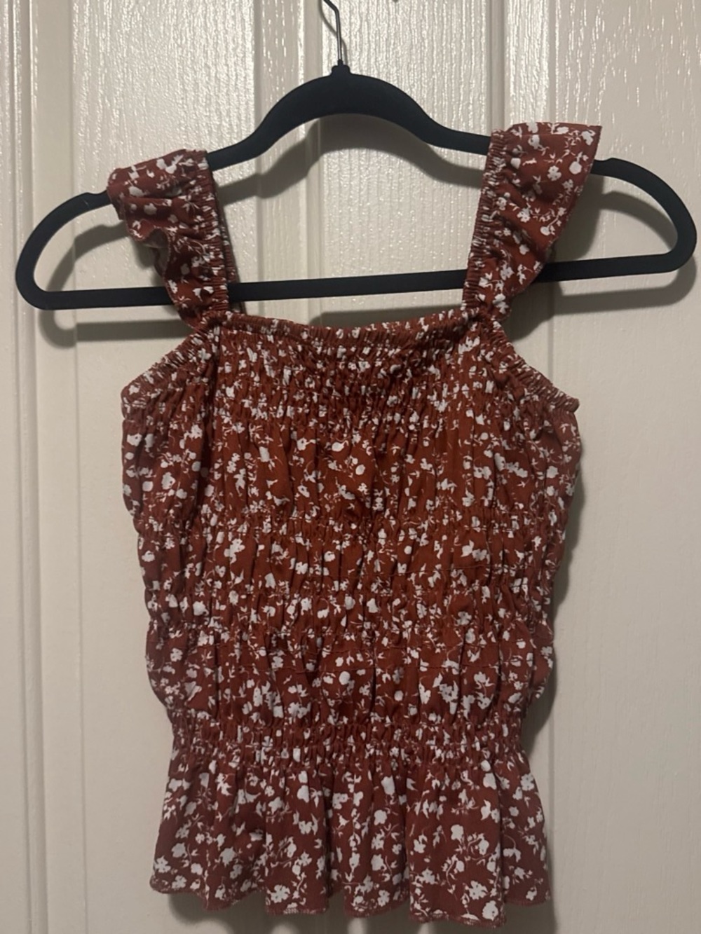 Smocked Floral Tank Top in Rust with White Print